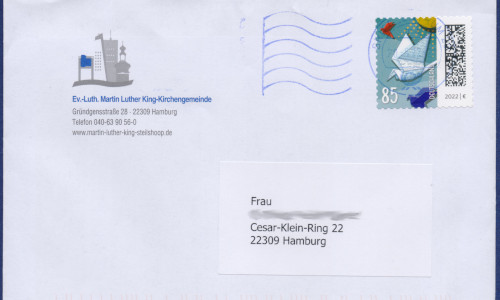 Briefumschlag der Martin-Luther-King Kirche vom 20.05.2022.