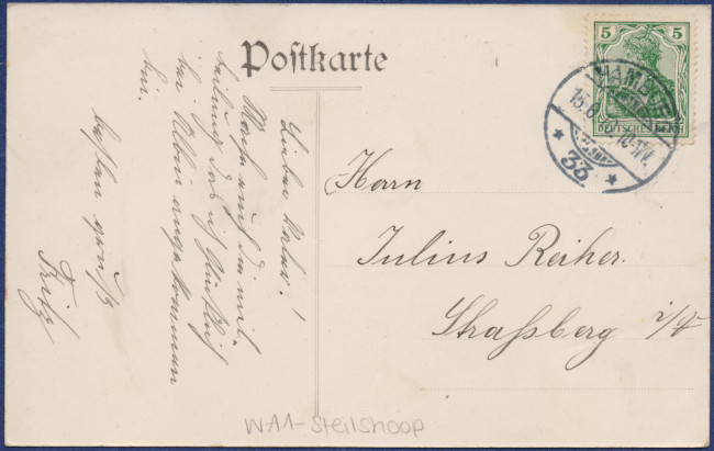 Die am 15.06.1910 versendete Kartenrückseite mit Grusstext.