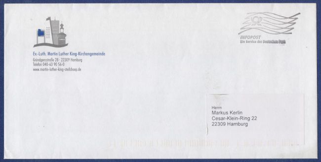 Vorderseite mit Absender, Anschrift und Infopostaufdruck. Vorderseite mit Absender, Anschrift und Infopostaufdruck.